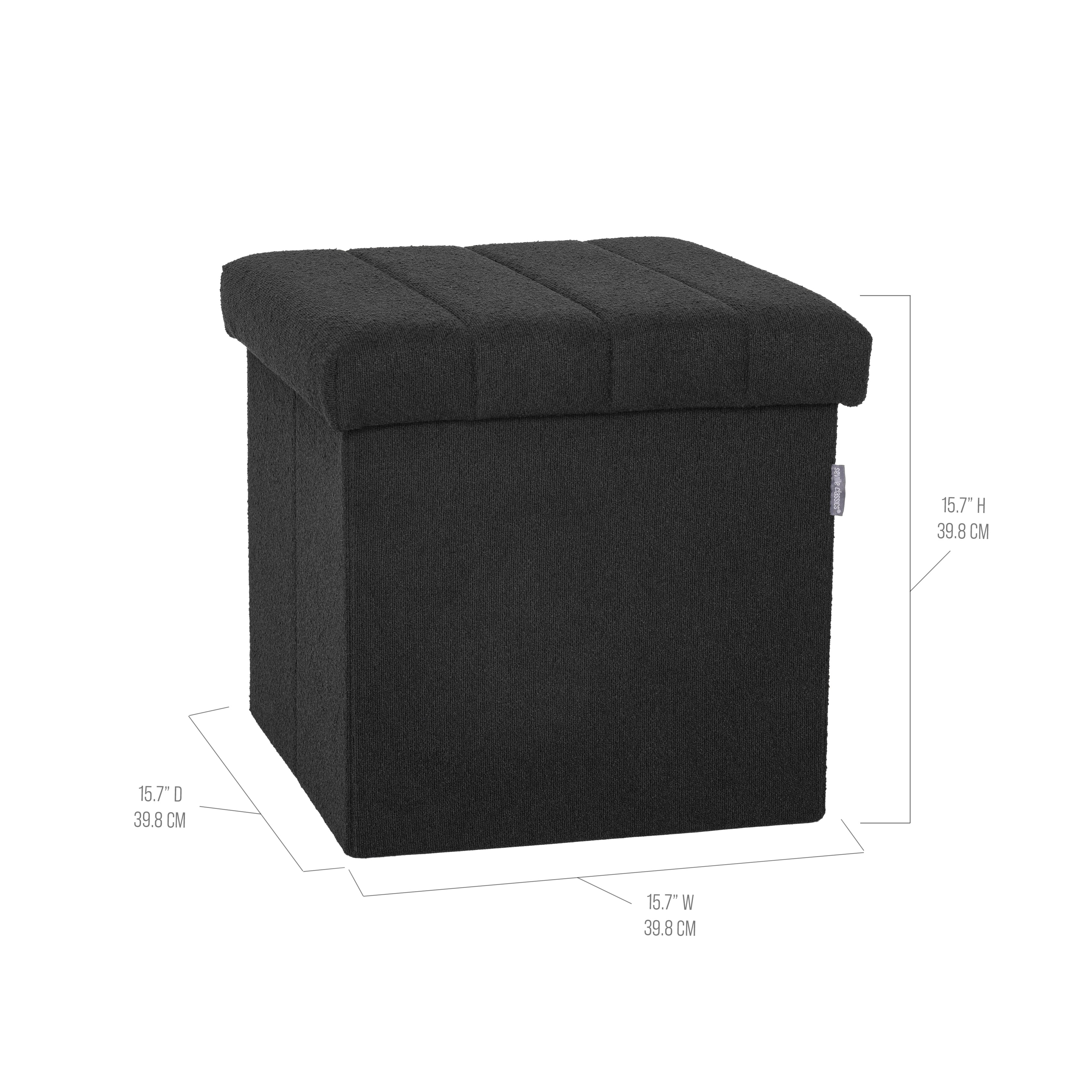 Seville Classics Cushioned Fabric Ottoman Hidden Storage Chest Footrest Chair for Bedroom, Dorm, Loft, Living Room, Entryway, Hallway, Black Boucle, 15.7" Cube