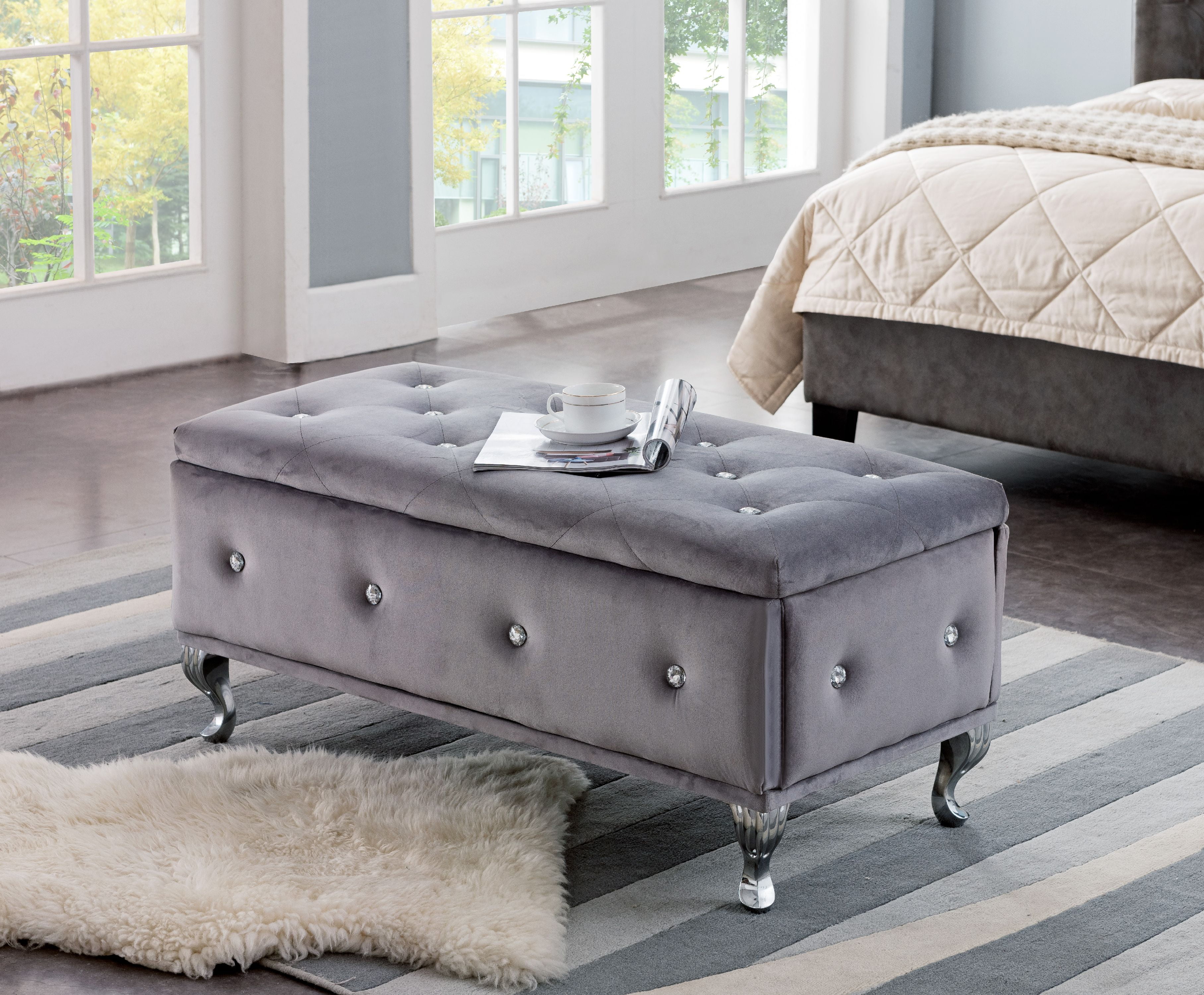 Jane Gray Upholstered Polyester & Velvet Transitional Storage Ottoman