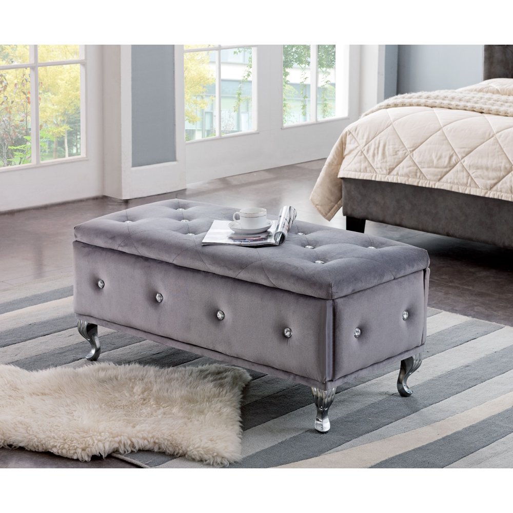 Jane Gray Upholstered Polyester & Velvet Transitional Storage Ottoman