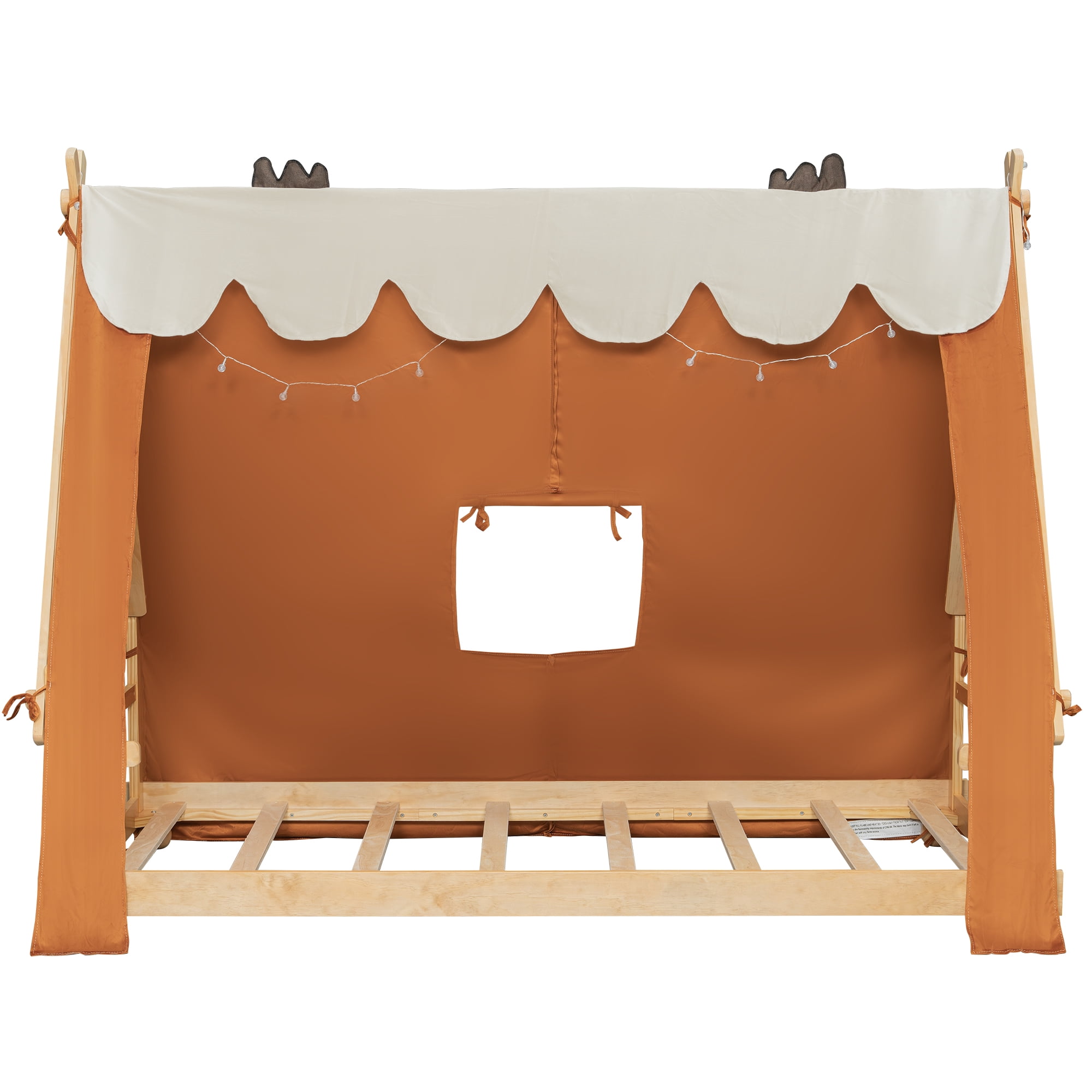 House Bed Twin Size, Wooden Floor Bed Frame with Detachable Tent and Skylight Light, MDF+LVL Construction for Kids Bedroom and Playroom, Brown
