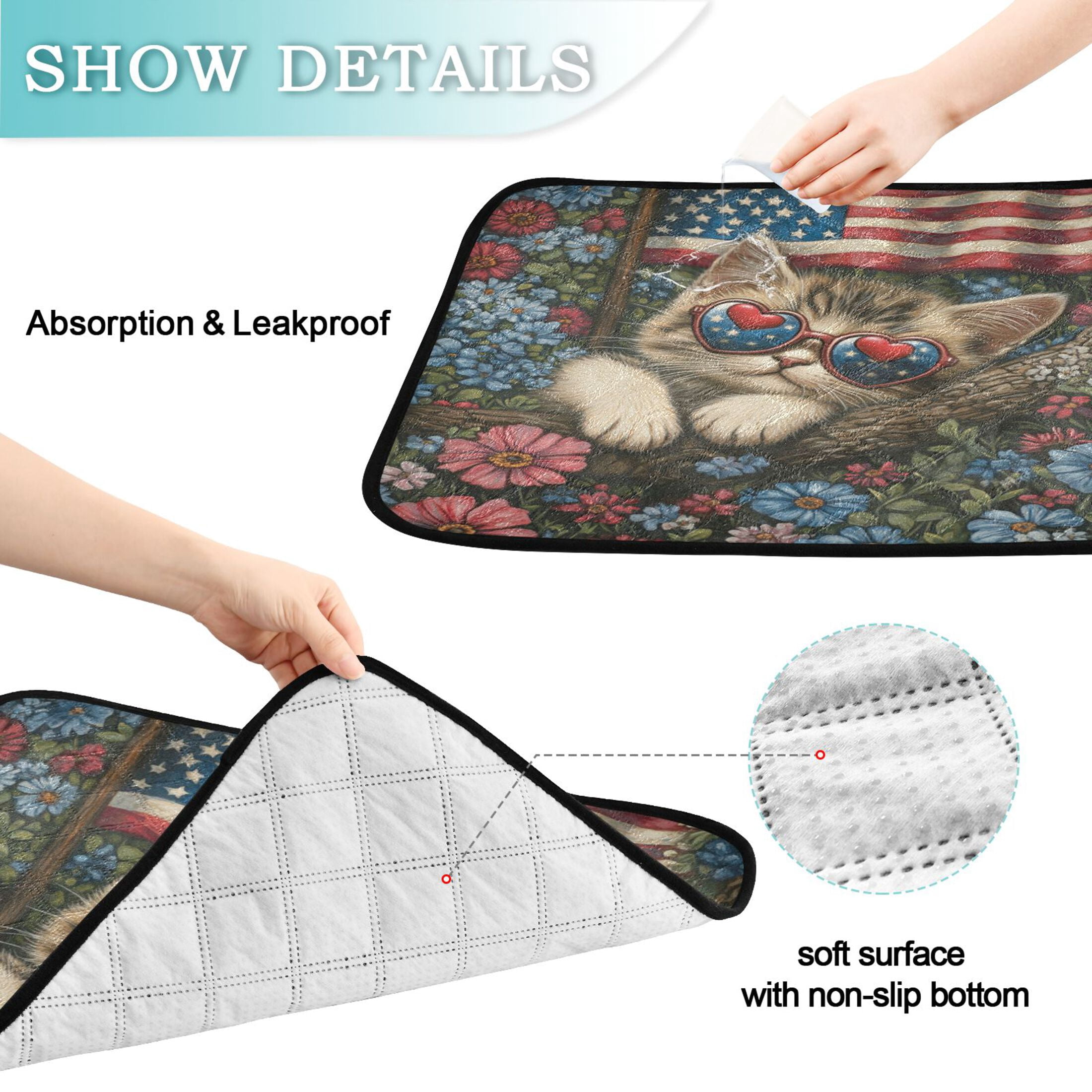 Qxltty American Flag Floral Cat Cat litter Pads Pet Set of 2 Diaper Mats Center Anti-leakage Layer Absorbent Soft and Comfortable