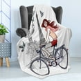 thumbnail image 4 of Eiffel Tower Soft Flannel Fleece Throw Blanket, Illustration of a Woman on Alexander III Bridge in Paris Riding a Bike, Cozy Plush for Indoor and Outdoor Use, 60" x 80", Grey Red Peach, by Ambesonne, 4 of 5