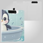 Cartoon Penguin in Bathtub Foldable Binder Folder Clipboard with Pen Slot Double Clips A4 Size File Storage