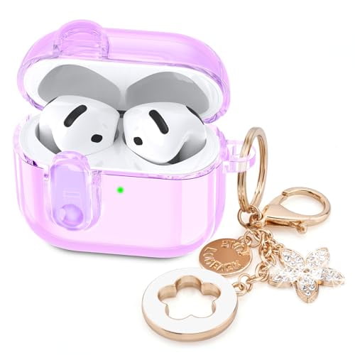 Funda Transparente de TPU para AirPods 4 2024 con Cierre de Seguridad Llavero de Trébol y Diseño Brillante para Mujer