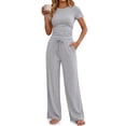 thumbnail image 2 of Sundazz 2 Piece Sets for Women Summer Lounge Set Ruched Top and Wide Leg Pants Matching Set Fashion Vacation Travel Outfits Clothes,Floral Gray,M, 2 of 8