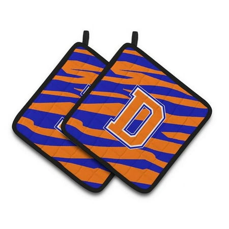 

Monogram Initial D Tiger Stripe - Blue Orange Pair of Pot Holders - 7.5 x 3 x 7.5 in.