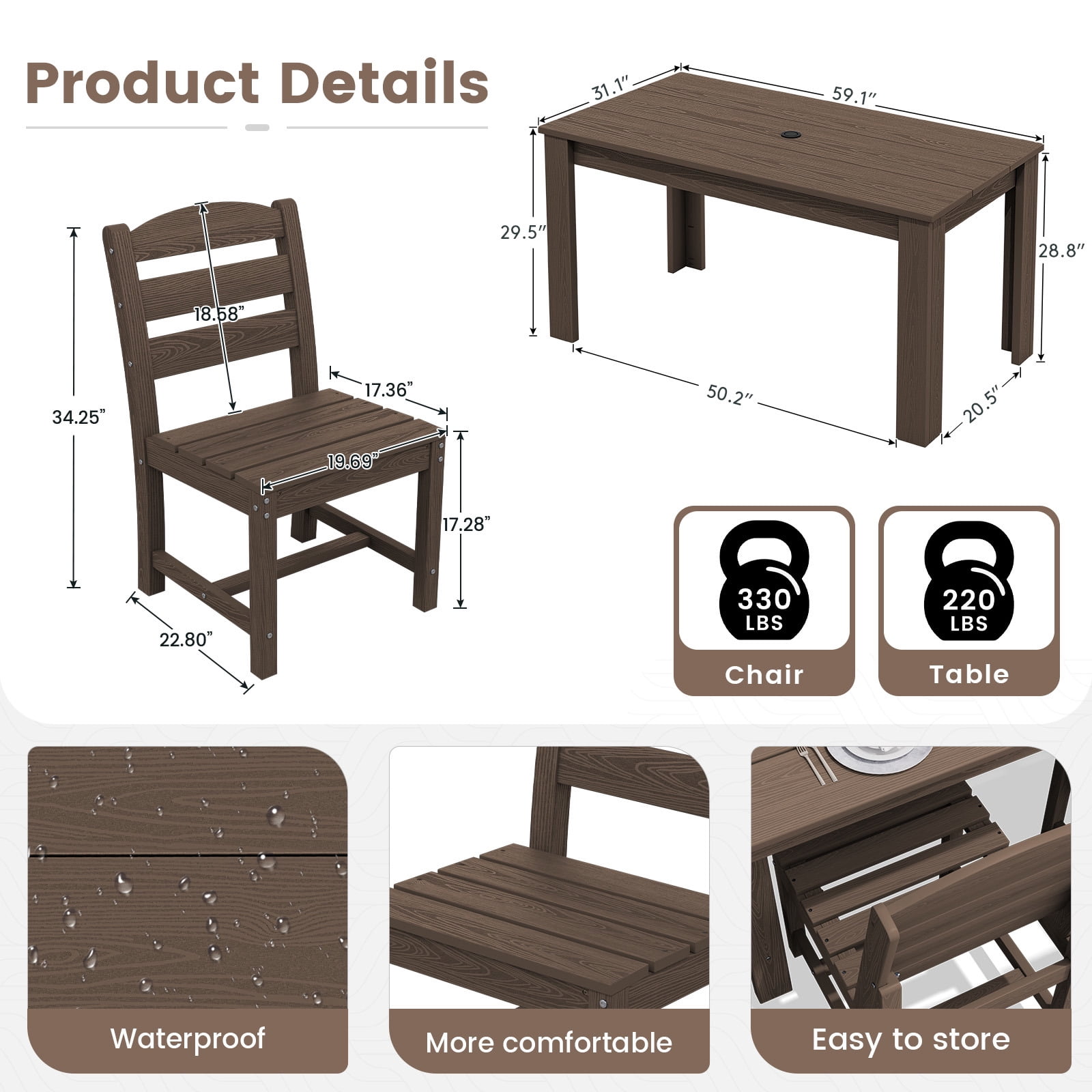 SERWALL Outdoor Dining Set for 10, 2 Outdoor Dining Tables with Umbrella Hole and 8 Armless Dining Chairs, All Weather Patio Dining Set, All Weather Patio Dining Set, Coffee