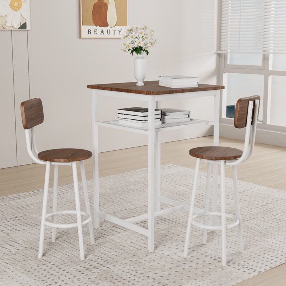 Small Bar Table and Chairs Set for 2, Morden Kitchen Table with Middle Shelf and Stable Legs, Counter Height Bar Table for Apartment, Dining Room, Beige and Brown