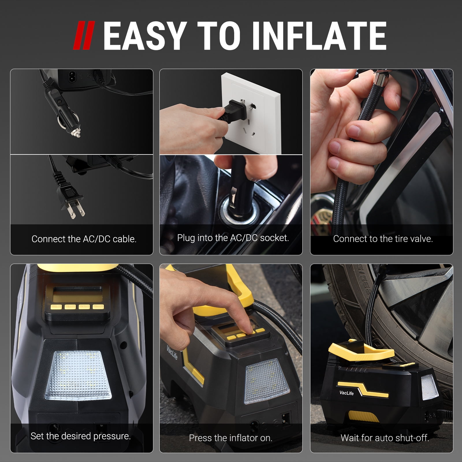 VacLife Tire Inflator for Car (12V) and Home (110V), DC/AC Portable Air Compressor for Car Tires, Bicycles, and Other Inflatables, Digital Air Pump with LED Light