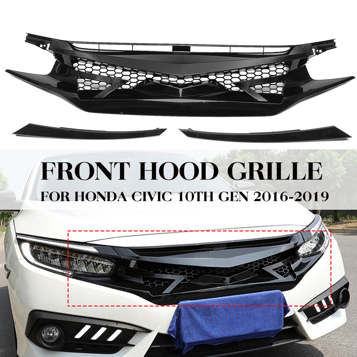 FOR 2016-2019 HONDA CIVIC 10TH GEN GLOSS BLK JDM BATTLE STYLE FRONT HOOD GRILLE