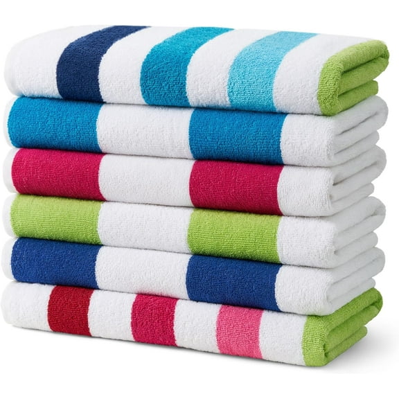 Kaufman - Cabana Stripe Beach & Pool Towel 30in X 60in - Large Cotton Terry Beach Towel - Soft & Absorbent - Assorted Colors - 100% Cotton - 6 Pack