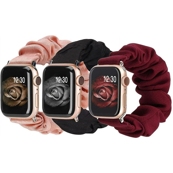 3 Packs Compatible with Apple Watch Band Scrunchies 41mm 40mm 38mm Cloth Soft Pattern Printed Fabric Wristband Bracelet Women IWatch Elastic Scrunchy Bands Series SE 9 8 7 6 5 4 3 2 1, M/L Black/Wine