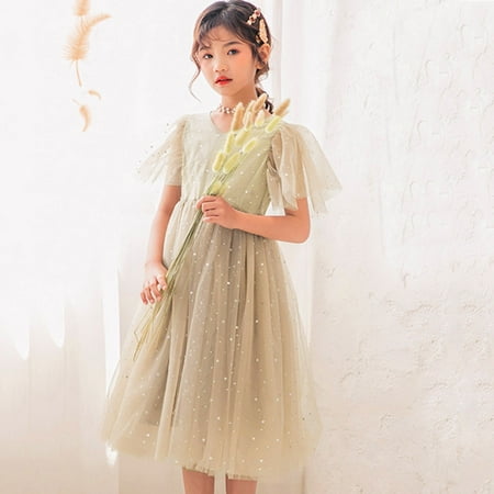 

PEASKJP Casual Summer Dress for Girls Girls Toddler Summer Sleeve Chiffon Floral Printed Pageant Tulle Dress A 4-5 Years