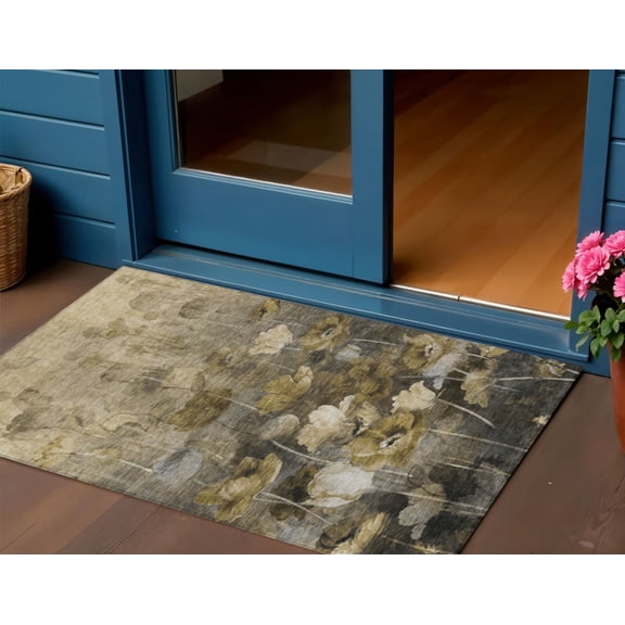 HomeRoots 578280 3 x 5 ft. Floral Washable Indoor & Outdoor Rectangle Area Rug, Taupe, Beige & Tan