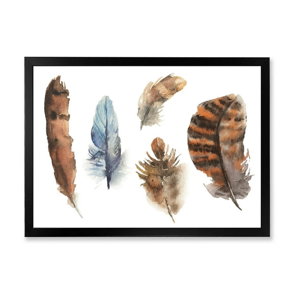 Designart 'Ethnic Boho Feathers In Earth Tones On White' Bohemian & Eclectic Framed Art Print