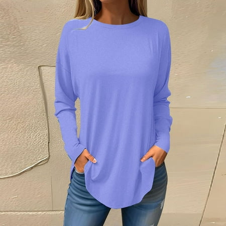 Womens Round Neck Pullover Solid Color Fall Blouses Smocked Long Sleeve Shirts Tops