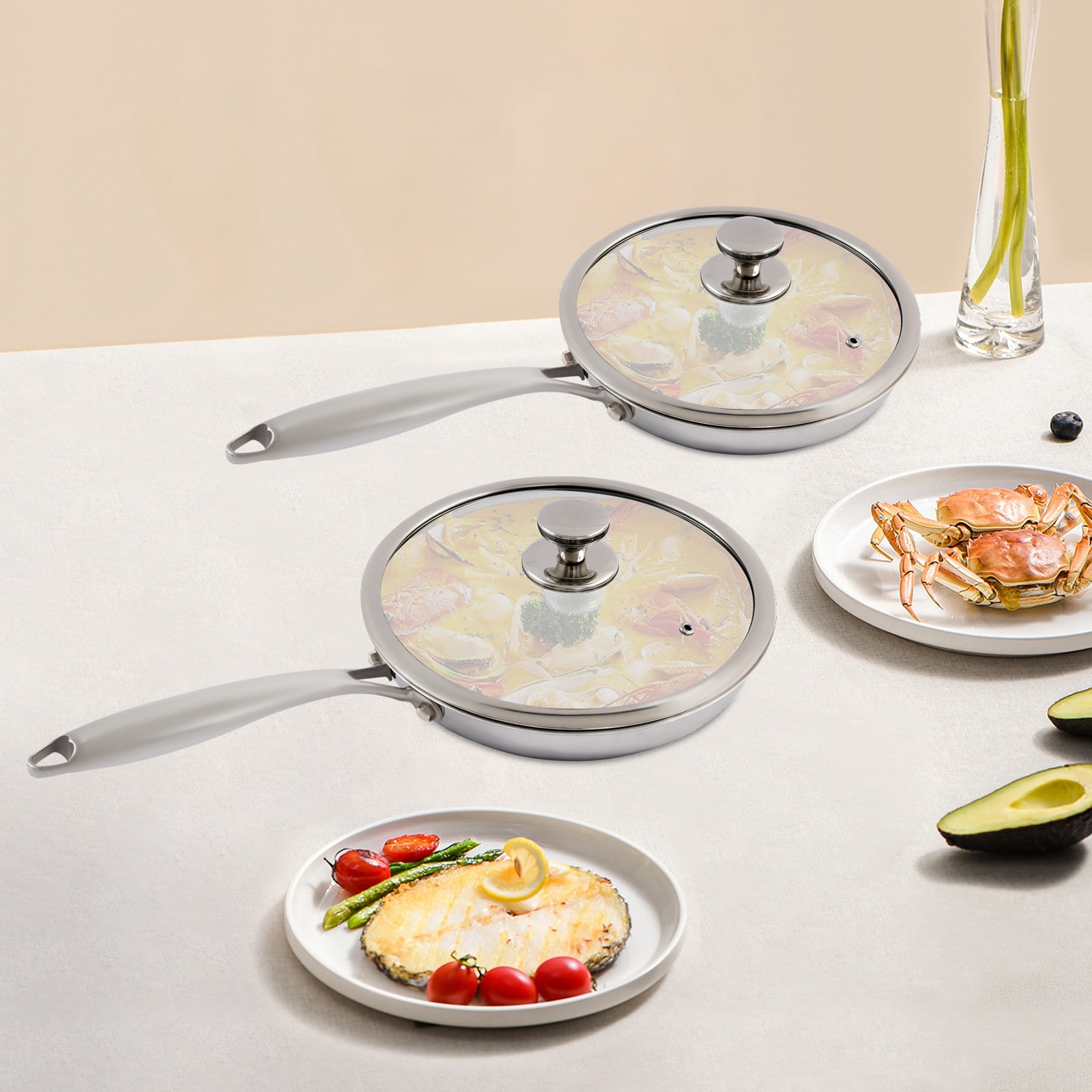 2PCS Stainless Steel Pan with Handle, Non Stick Frying Pan with Honeycomb Pattern & Lid, 10.2 + 11.8 Inch