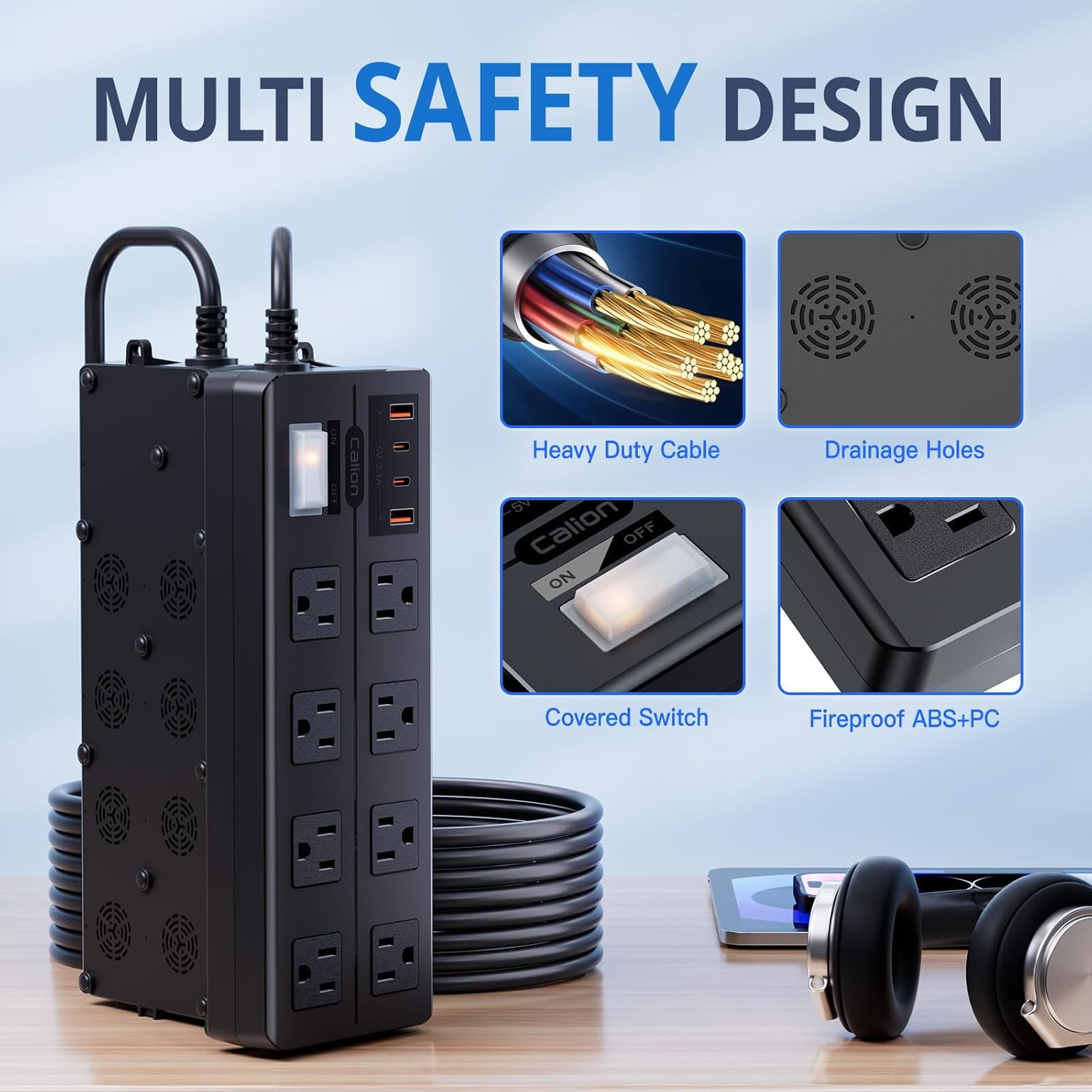Outdoor Power Strip Weatherproof, Waterproof Surge Protector with 8 Wide Outlet with 4 USB Ports, 10FT Extension Cord, 1875W Overload Protection, Outlet Extender for Patio, Outdoor Decorations