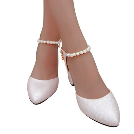 Oyedens Pearl Dress Shoes for Women Bride Wedding Pointed Toe Block Mid Heels Pump Shoes Pink