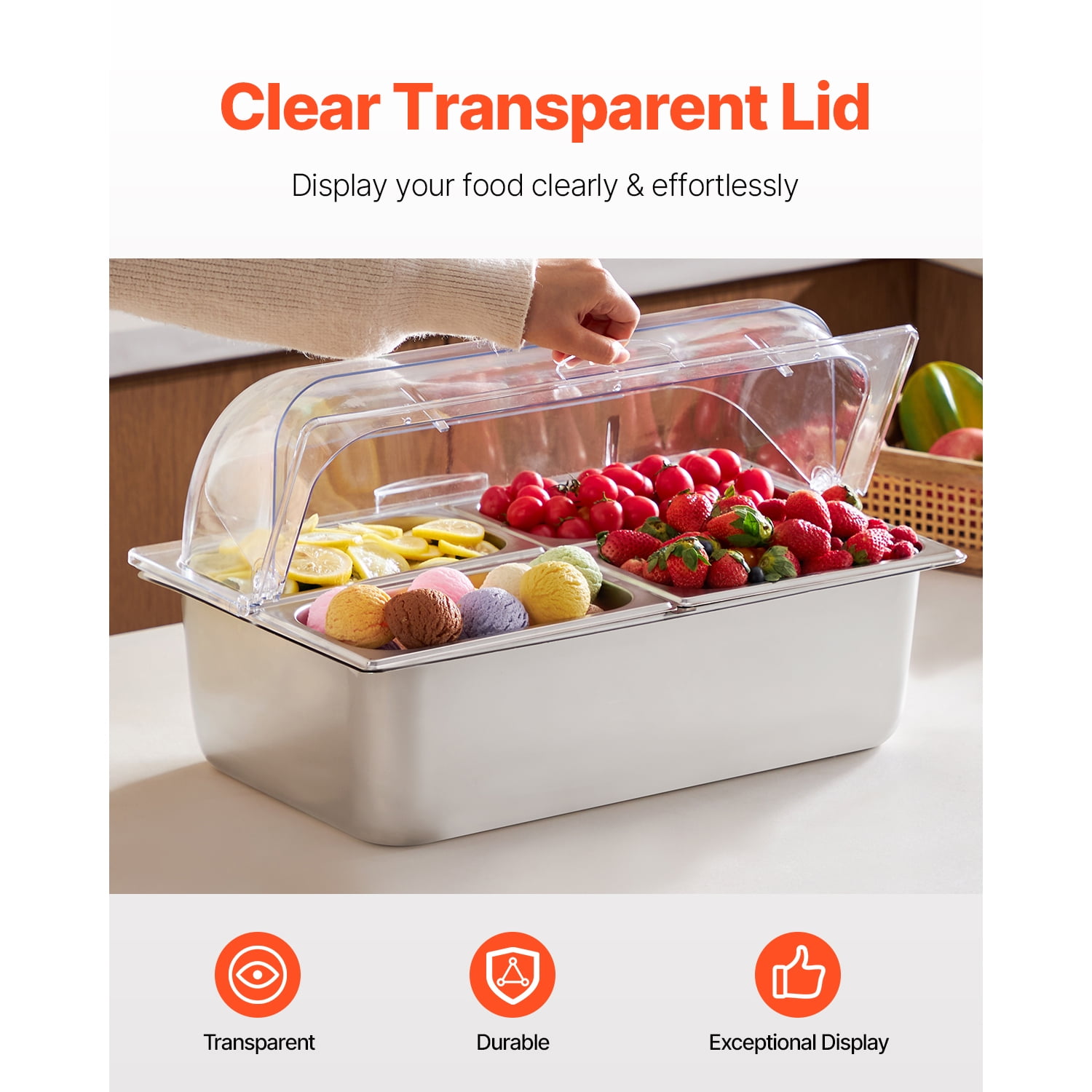 KFFKFF Tabletop Meal Presentation Storage Unit, Quad Compartment Metal Food Serving Platter, Cafeteria Garnish Distributor Stand with Transparent Cover & Trio of Cooling Bins