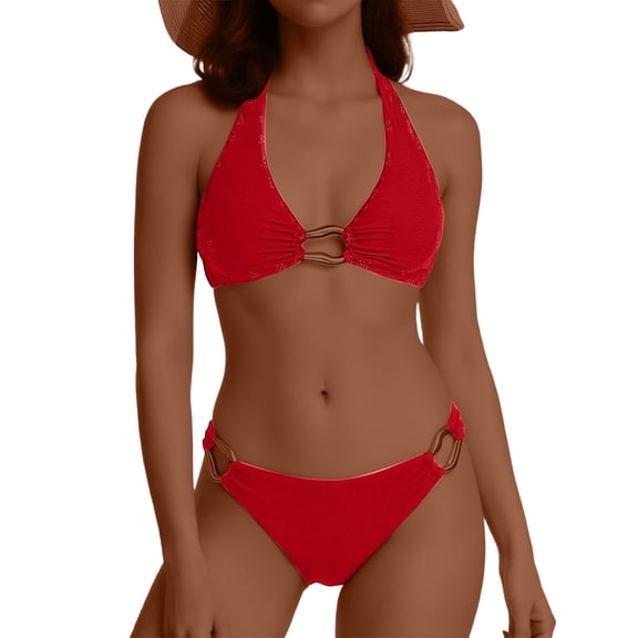 Jamicy 2 Piece Swimsuit for Women Halter Bikini Set V Neck Ring Linked Bathing Suit Summer Beach Two Piece Swimsuit