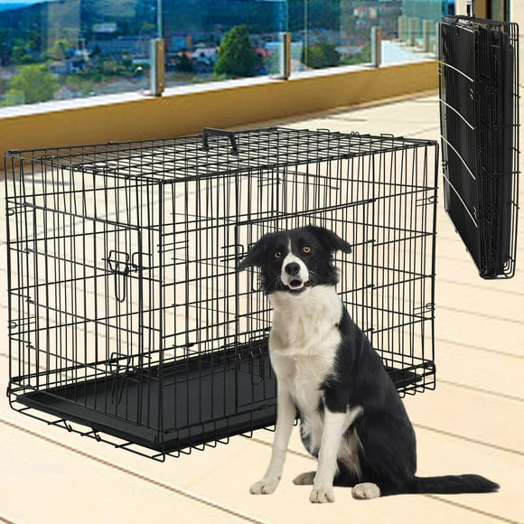 Medium Dog Crate Dog Kennel Indoor/Outdoor Dog Cage, 36 inch Metal Pet Crate with Plastic Tray and Handle and Double-Door Folding Puppy Crate for Small Medium Dogs, Black