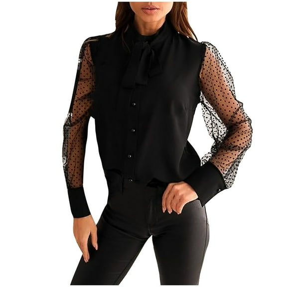 YOTMKGDO Blouses & Tops Long Sleeve, Notch Neck Women's Top Blouse Solid Shirt Mesh Splice Strap Tunic Stand-up Collar Elegant Blouse Tops Solid Casual for Women Black