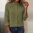 thumbnail image 2 of hoksml Women Stand Collar Gathered Neck Long Sleeve Shirt Cotton Linen Textured Button Down Blouse for Office Daily Travel, 2 of 9