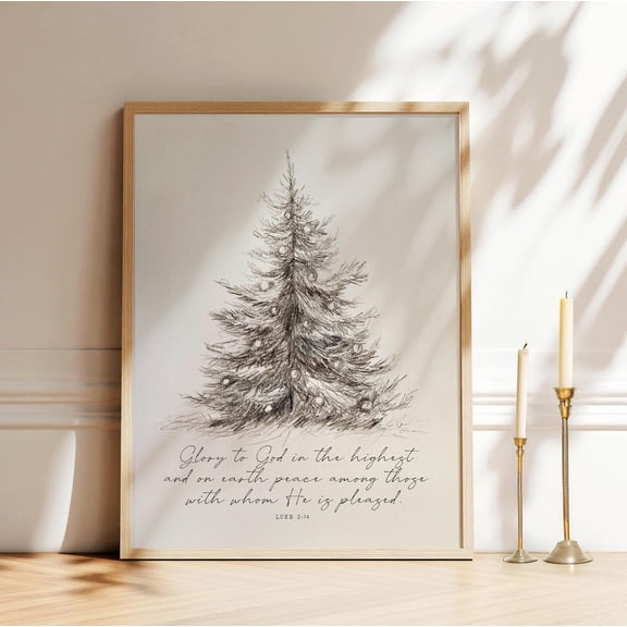Peace On Earth Wall Art, Luke 2:14 Artwork Print, Glory To God In The Highest Scripture, Neutral Winter Pencil Drawing Home Decor #105, Unframed Poster Size 8x12