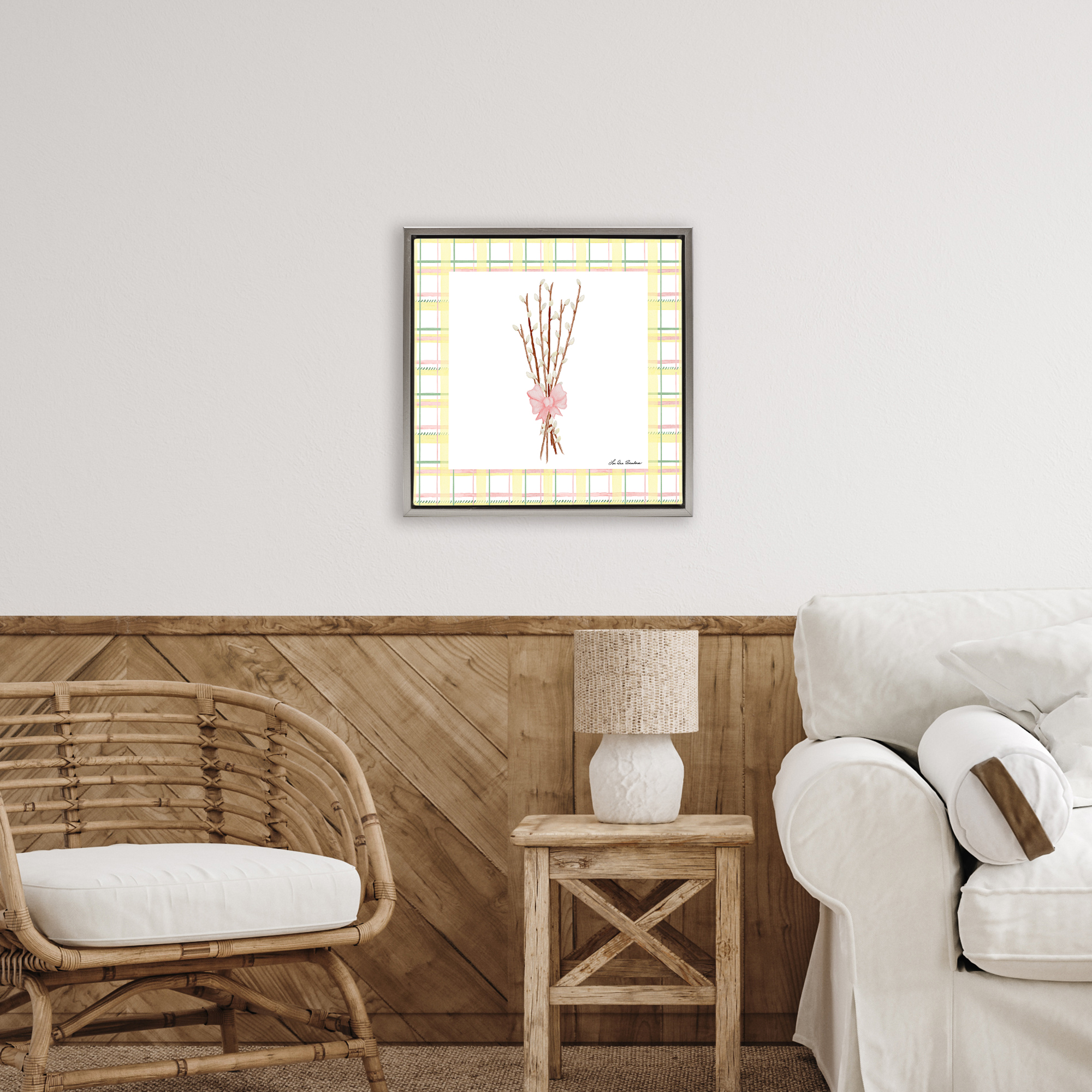 Pastel Spring Pussy Willow Gray Framed Floater Canvas Wall Art, design by Lee Ann Sanders