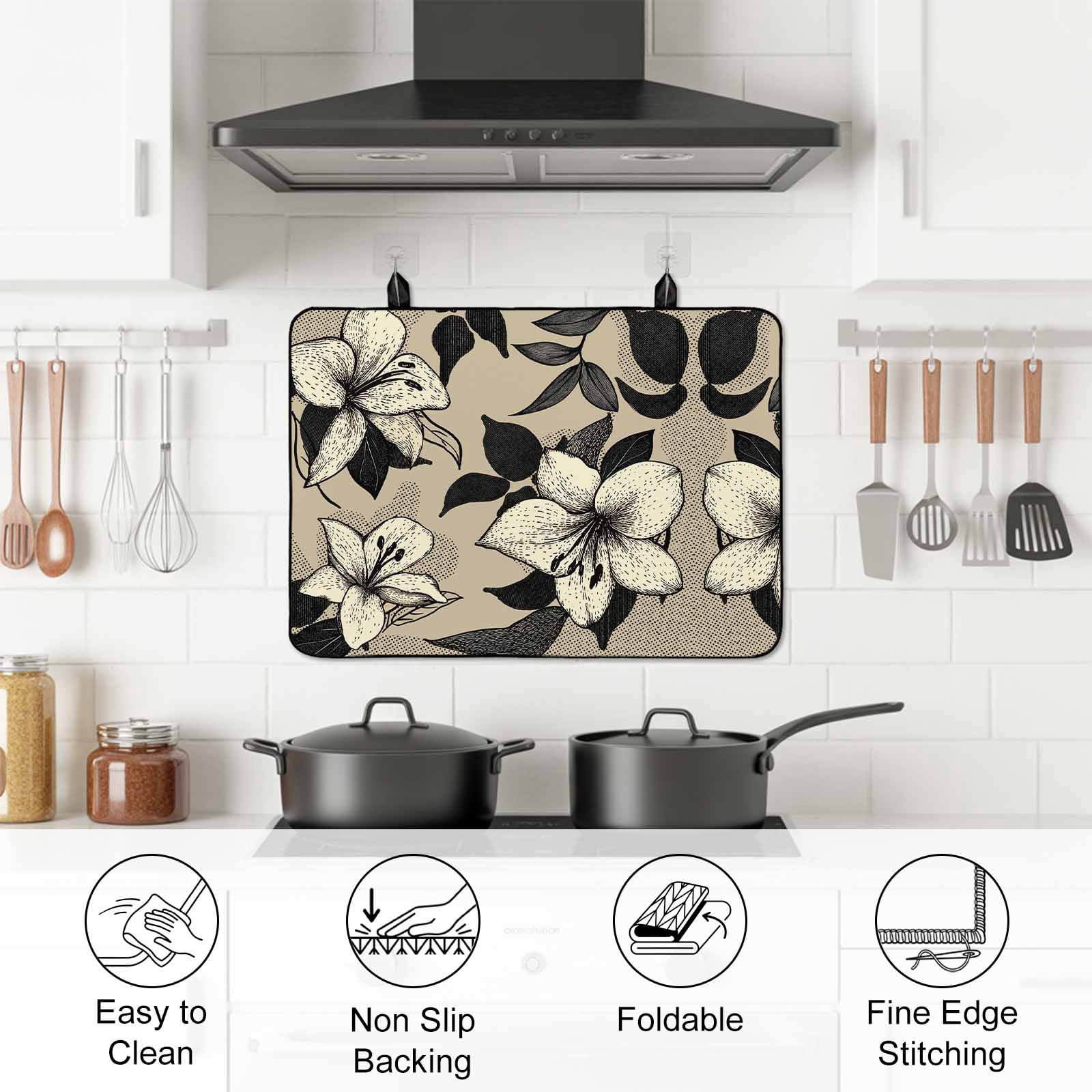 Black Floral Stove Top Cover for Electric Stove, Heat-proof & Non Slip Glass Top Stove Cover Protector, Vintage Khaki Floral Retrp Plant Leaf Kitchen Flat Cooktop Rubber Mat 24x21 Inches