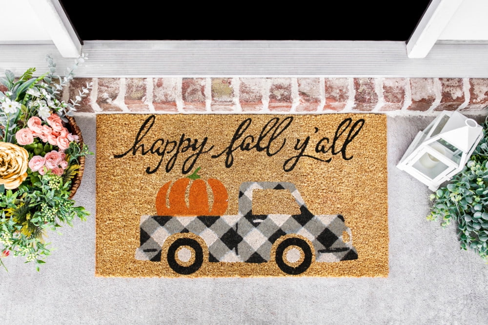 Kashi Home Coir Door Mat Fall Decor Printed Truck 18x28 Non-Slip Doormat, Durable Outdoor/Indoor Rug, Fall Theme - Happy Fall Yall