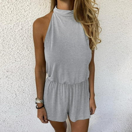 

Dasayo Gray Women Rompers and Jumpsuits Women s Summer Hanging Neck Open Shoulder Open Back Button Jumpsuit Casual Shorts