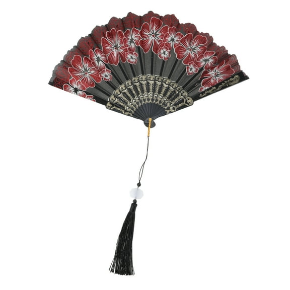 Unique Bargains 1 Pc Rose Lace with Tassel Folding Fan for Masquerade Red Silk Fabric