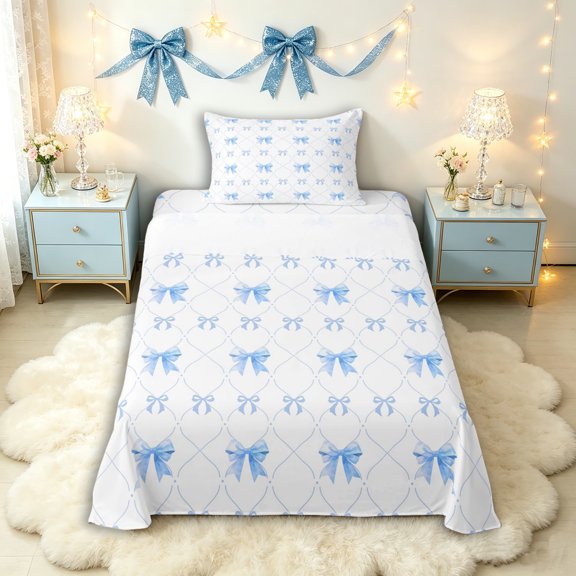 Manfei Blue Ribbon Bowknot Twin Sheet Sets 3pcs for Kids Teens,Kawaii Bow Plaid Bedding for Girls,Breathable Home Decor