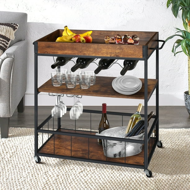 Kingso Home Bar Serving Carts With Wine Rack Rolling Outdoor Cart Liquor Cabinet For 3 Tier Industrial Wood Shelves Island Lockable Caster Kitchen Rustic Brown Wine Bar Cart Liquor Cabinet, Rolling Bar Cart Cabinet
