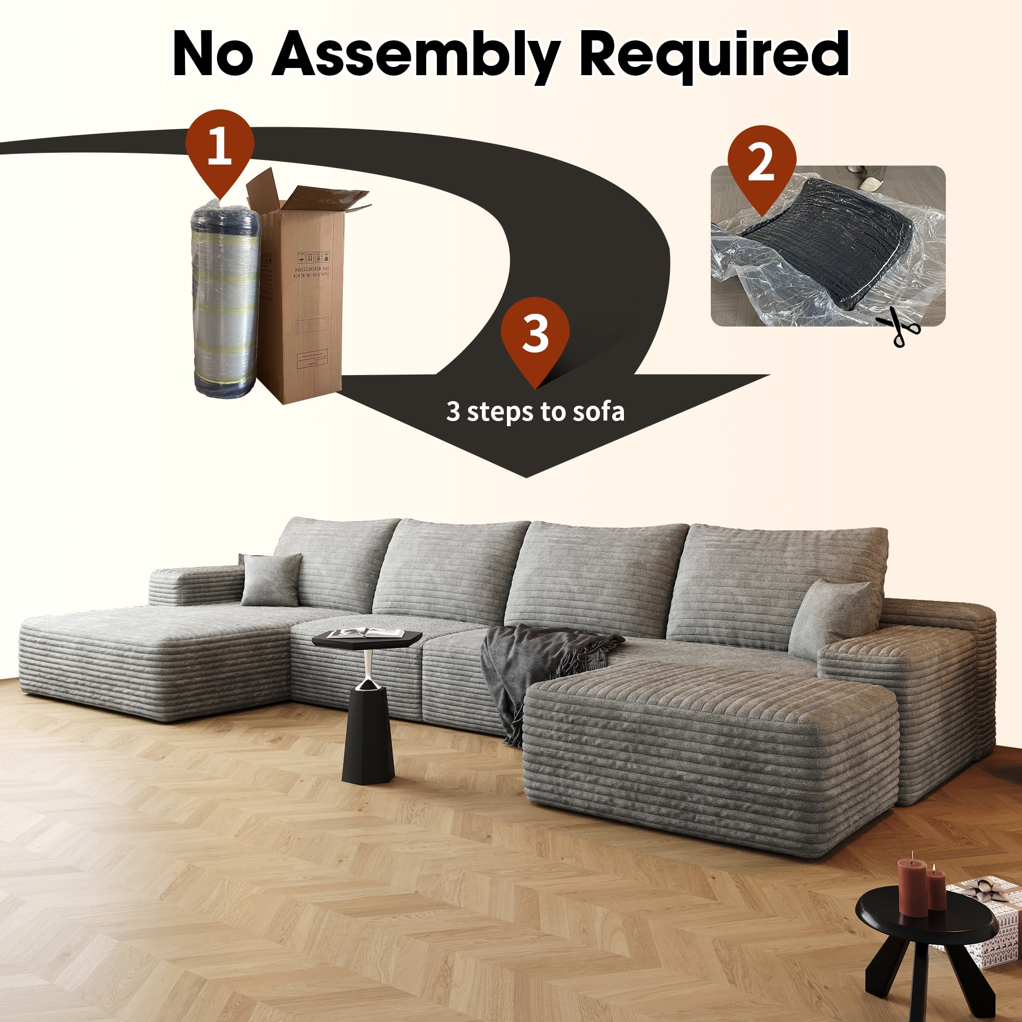MAYEERTY 135" Gray Modern Modular Cloud Sectional No Assembly Durable Gray Sofa