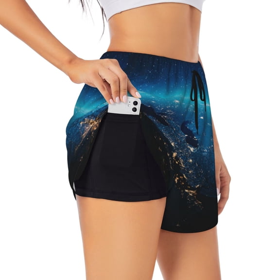 Rateoe Planet Earth Printed 2 in 1 Women's Workout Shorts for Athletic Gym Running Shorts with Phone Pockets-Medium