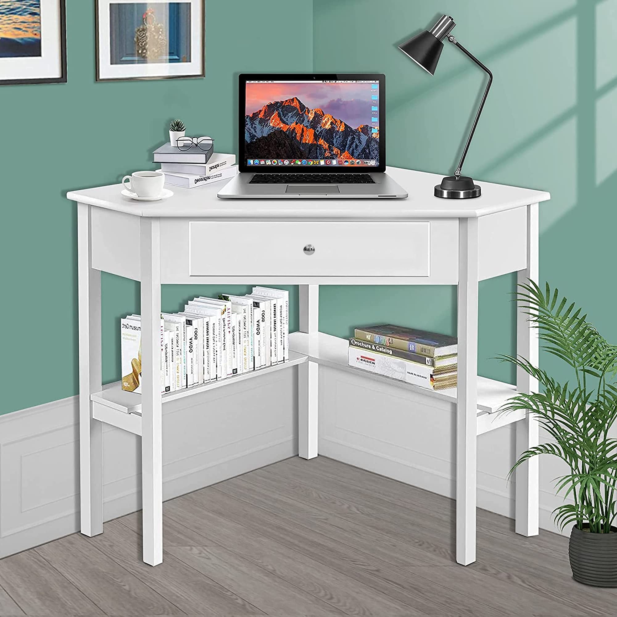 Sunvivi Corner Desk Computer, White Writing Desk For Small Spaces