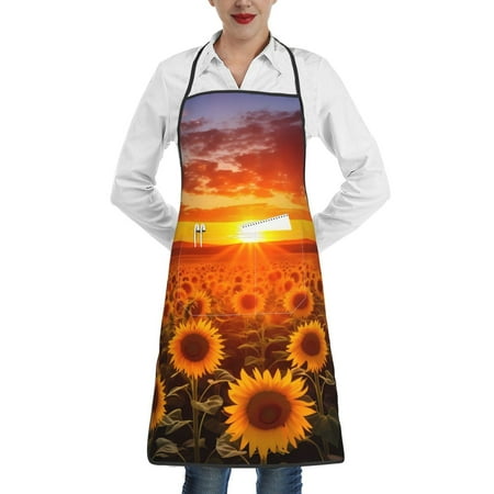 

Gaeub Sunset Golden Sunflower Field Kitchen Cooking Aprons Adjustable Bib Apron Waterdrop and Oil Resistant Kitchen Chef Apron for Women Men