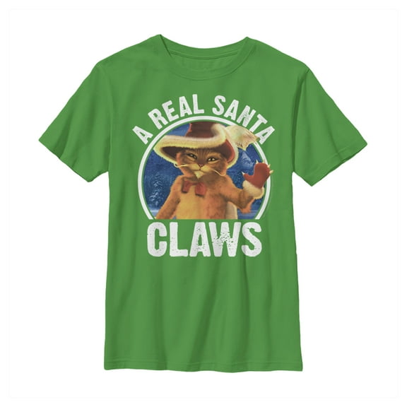 Boy's Shrek Christmas Santa Claws Puss in Boots Graphic Tee Kelly Green Medium