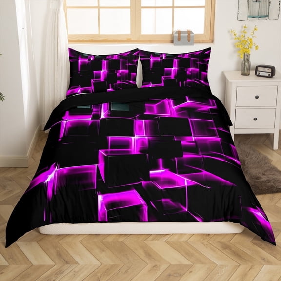 Erosebridal Futuristic Cubes Comforter Cover Twin,Neon Purple Bedding Twin Size,Super Cozy Reversible Comforter Cover Twin,Geometric Room Decorative,3-Piece(No Comforter)