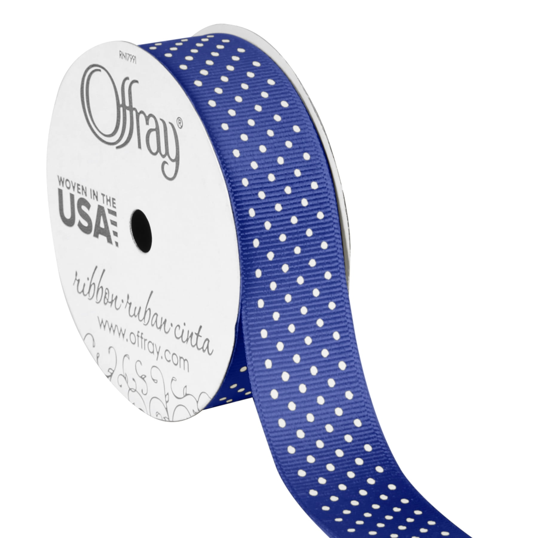 Offray Ribbon, Century Blue with Polka Dot 7/8 inch Grosgrain Polyester Ribbon, 9 feet