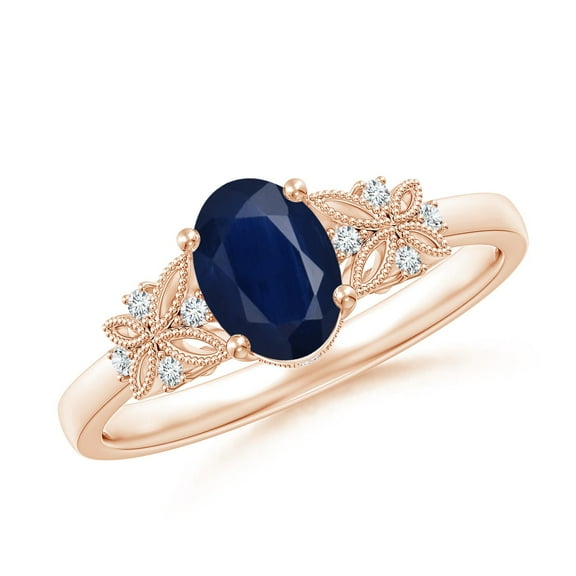 ANGARA Natural Vintage Style Oval Sapphire Ring with Diamonds in 14K Rose Gold for Women (Size-7x5mm) | September Birthstone, Anniversary, Jewelry Gift for Women | Natural Blue Sapphire Ring