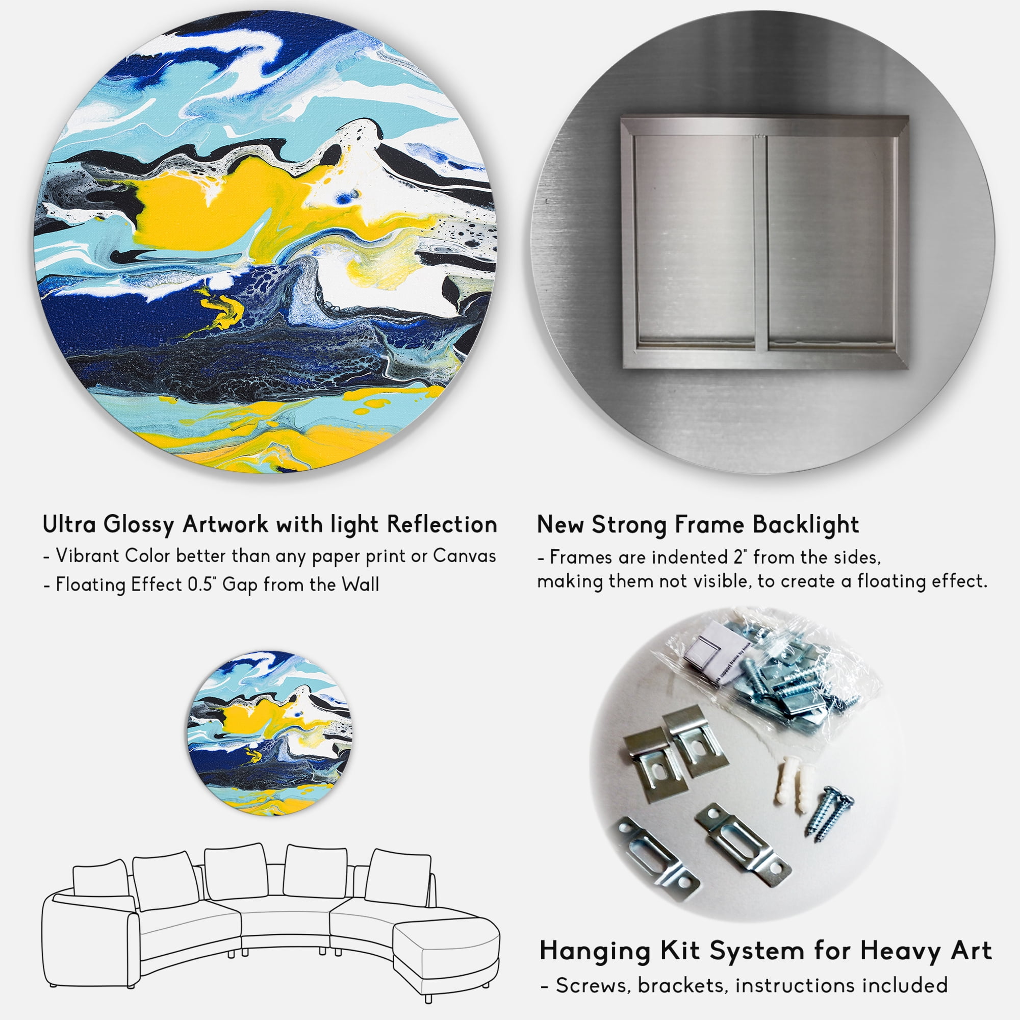 Designart 'Abstract Marble Composition In Blue and Yellow II' Modern Circle Metal Wall Art 11x11 - Disc of 11