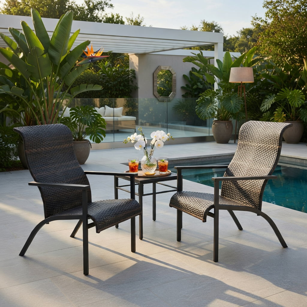 Hommoo 3-Piece Outdoor Patio Bistro Set, Weather-Resistant PE Rattan Table & 2 High-Back Chairs with Armrests, Compact for Balcony, Backyard & Poolside, Brown