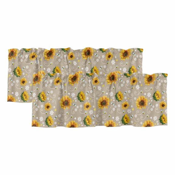 2 Pack Valances for Window, Brown Yellow Sunflower Short Curtains for Kitchen Bedroom Living Room, Summer Botanical Farmhouse Floral Rod Pocket Small Window Treatment Valance Drapes 42 x 12 Inch