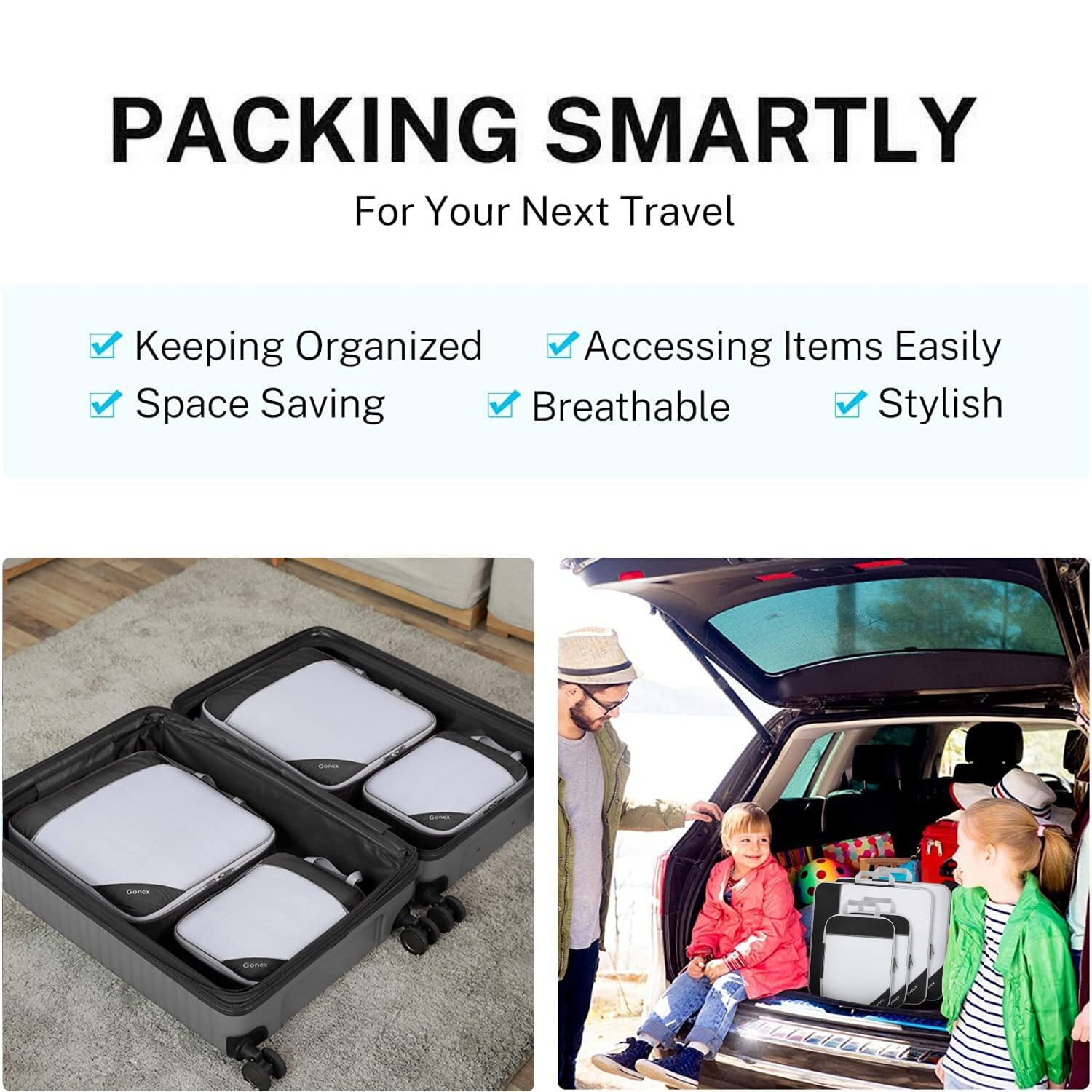 Gonex 4 Set Large Compression Packing Cubes for Luggage, Expandable Packing Cubes Organizer Bags Set for Travel