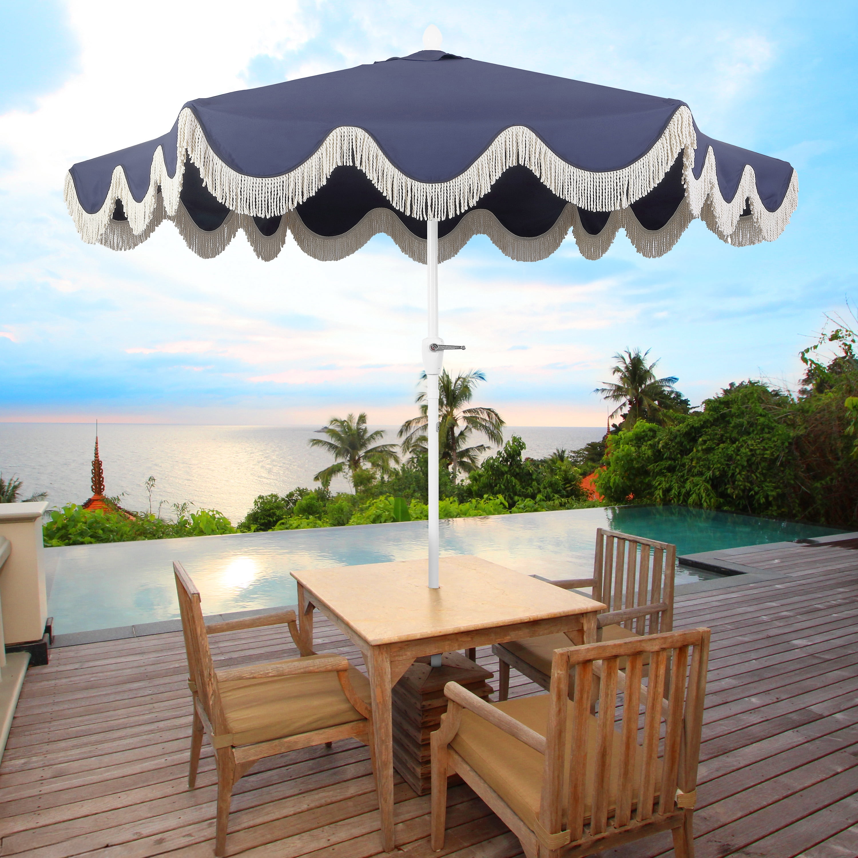 JONATHAN Y Collins 9 ft. Market Patio Umbrella, Classic Cottage Fringe Tassel, with Auto-Tilt Crank, Wind Vent and UV Protection, Navy/Cream, White Pole