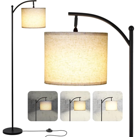 Modern Floor Lamp, 3-Ways Dimmable Standing Lamp with Linen Shade, Adjustable Height, Foot-Step , Reading Lamp for Living Room, Bedroom, Office, 9W Bulb Included (Black)